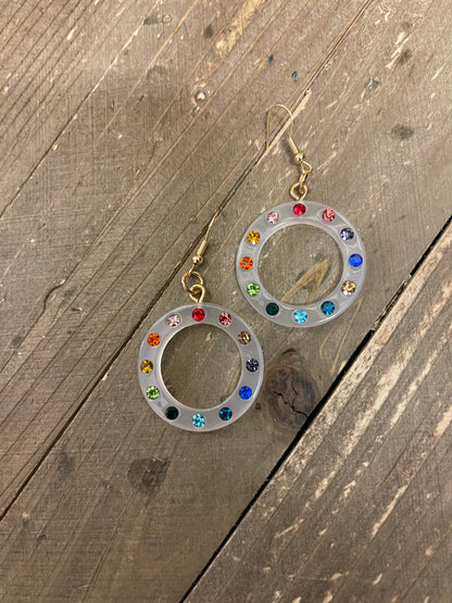 Multi-Color Round Rhinestone  Wire  Earrings