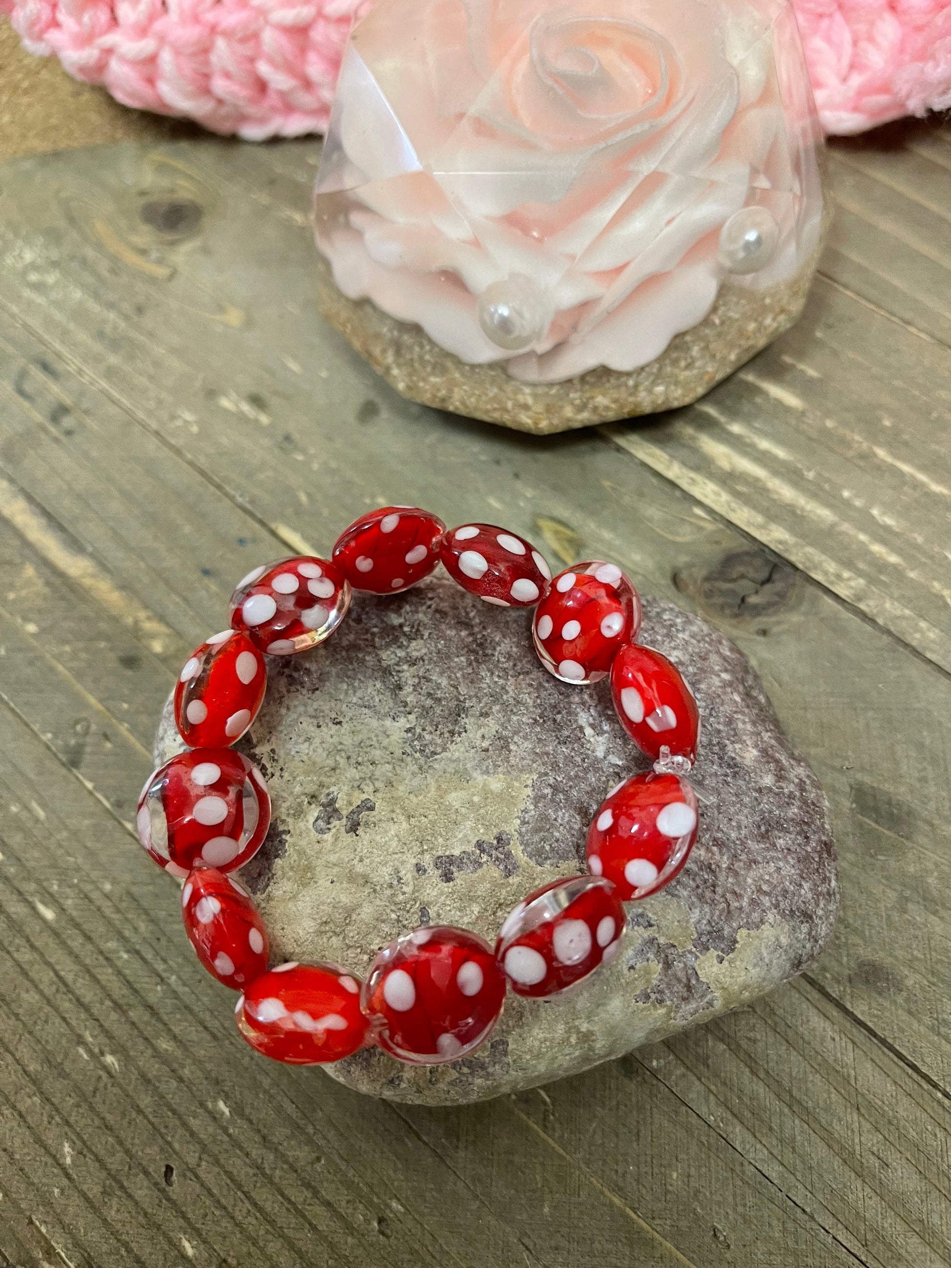 Red with White Dots Glass Beaded Elastic BraceletPink tiful of LOVE