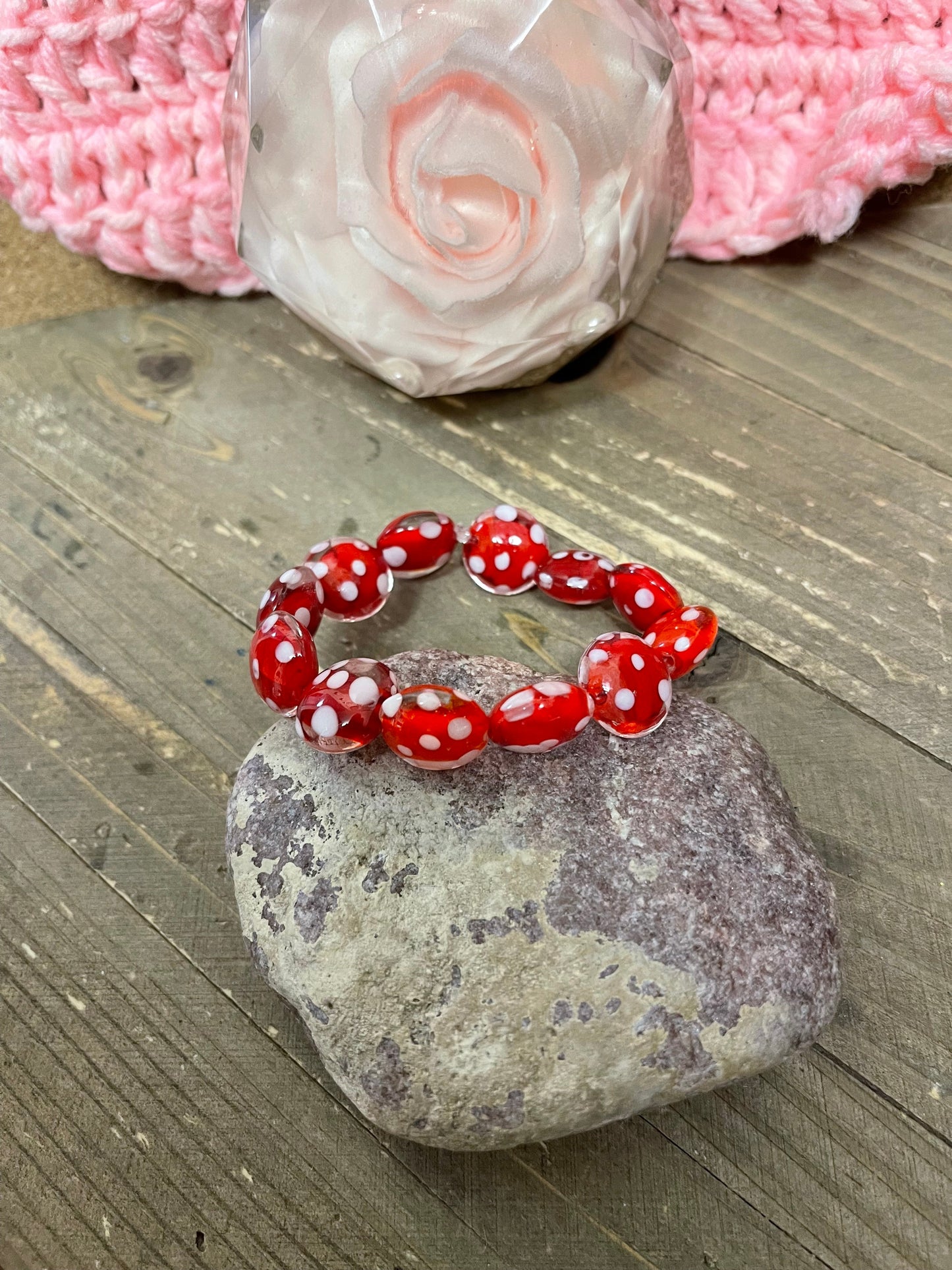 Red with White Dots Glass Beaded Elastic Bracelet
