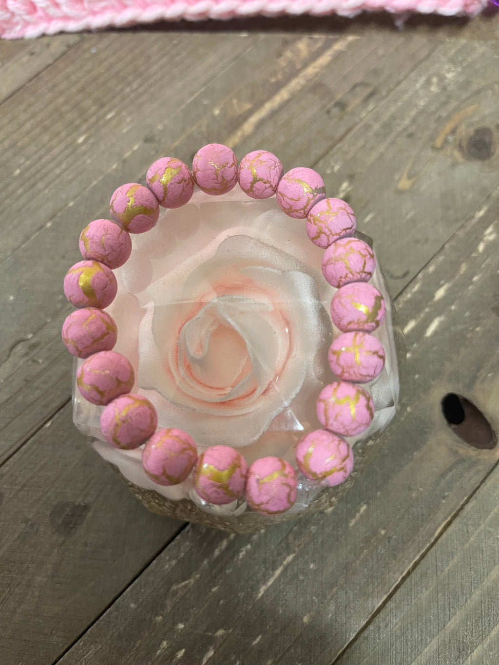 Pink & Gold Painted Glass  Beaded Elastic/Stretch Bracelet