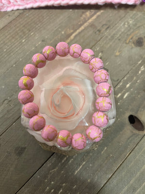 Pink & Gold Painted Glass  Beaded Elastic/Stretch Bracelet