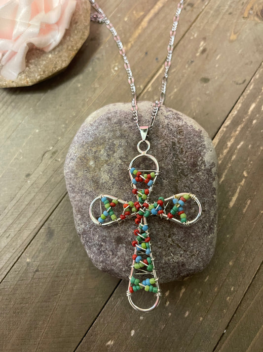 Colorful wire cross pendant on a Silver Chain NecklacePink tiful of LOVE