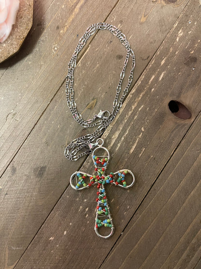 Colorful wire cross pendant on a Silver Chain Necklace