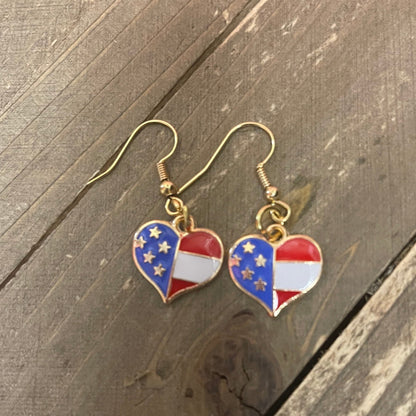 American Flag Heart Charm Wire Earrings