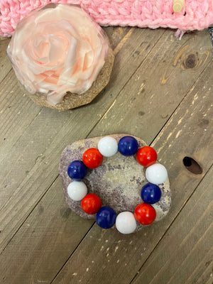 Red, White & Blue Round Wooden Beaded Elastic/Stretch Bracelet