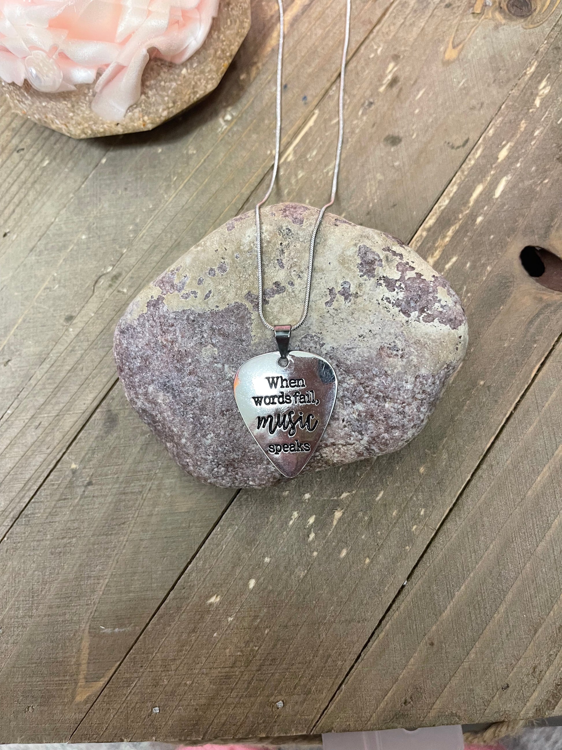 Music Speaks Guitar Pick Pendant on a Silver chain NecklacePink tiful of LOVE