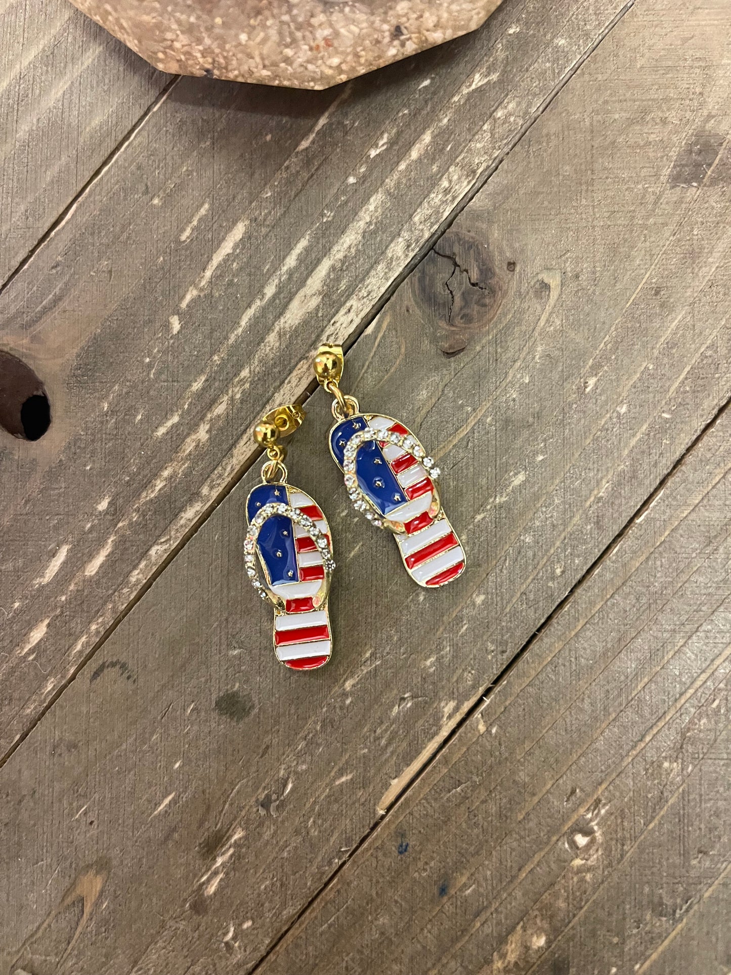Patriotic Rhinestone Flip Flop Charm Ball Post Earrings
