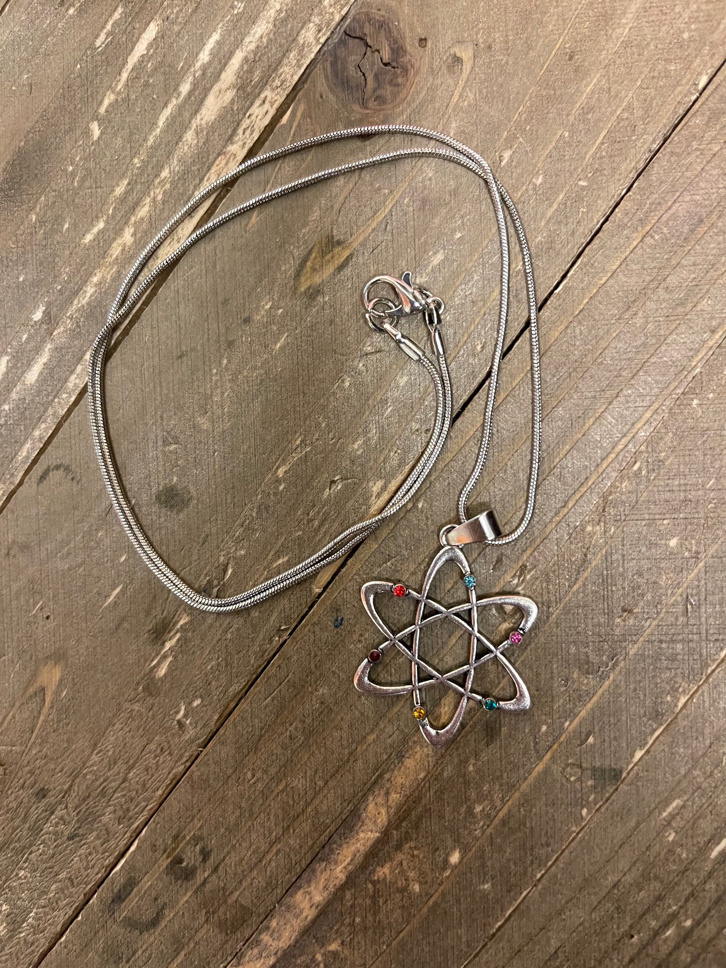 Rhinestone Atom Pendant on a Silver chain Necklace
