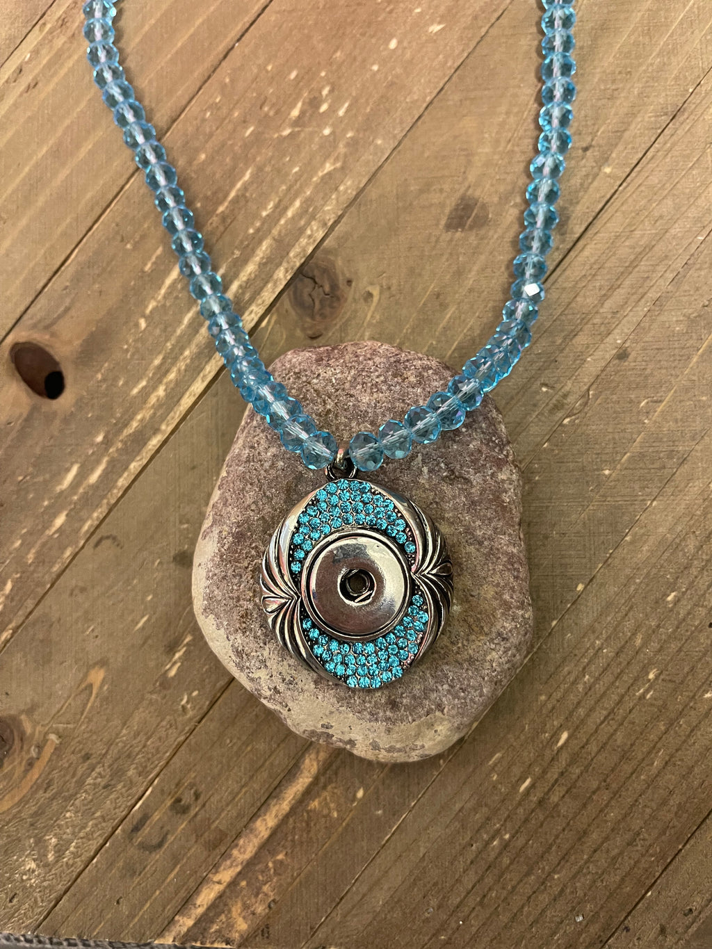 Ginger Snap Necklace - Light Blue Beads and Rhinestone and silver pendant snap necklace - Coordinates with 18-20mm Snap