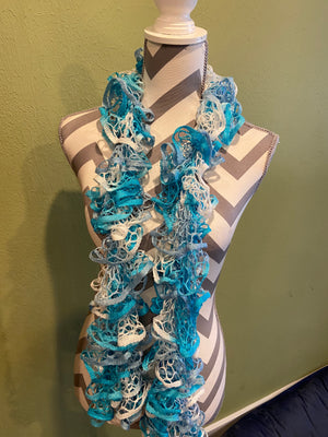 Ruffled Scarf handmade with Starbella Stripes yarn-Sea Breeze