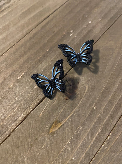 Black with Blue Butterfly Post Earrings