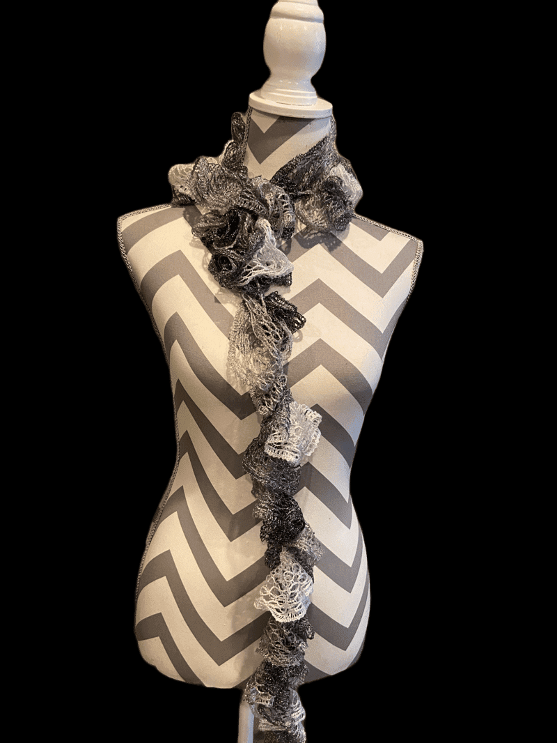 Ruffled Scarf handmade with gray, black and white Sashay yarn