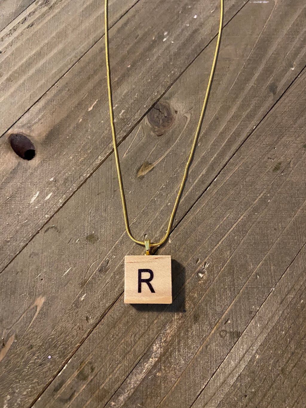 Wood Alphabet Tiles on Gold Chain Necklace (all Letters)