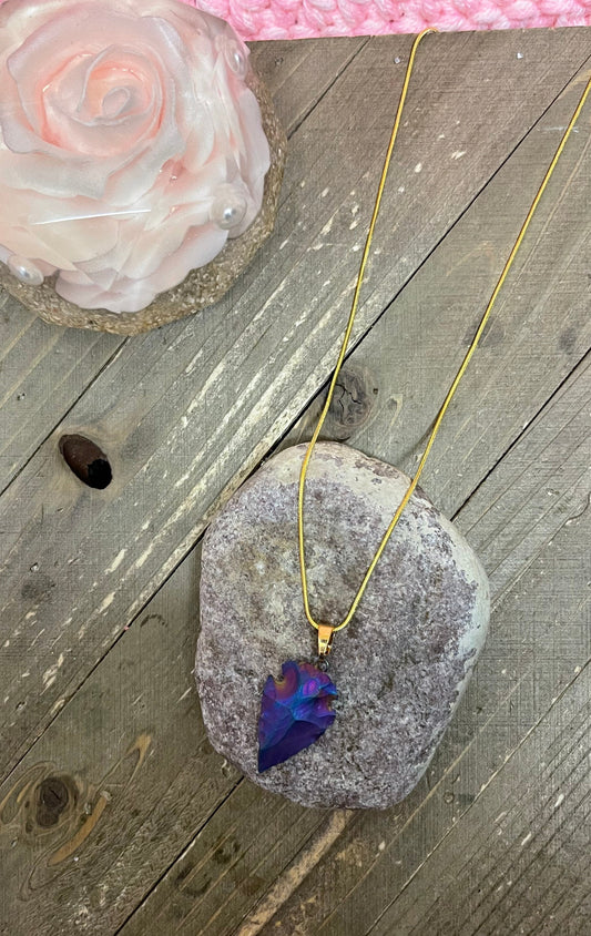 Iridescent Blue Dyed Agate Arrowhead Pendant on a Gold chain NecklacePink tiful of LOVE