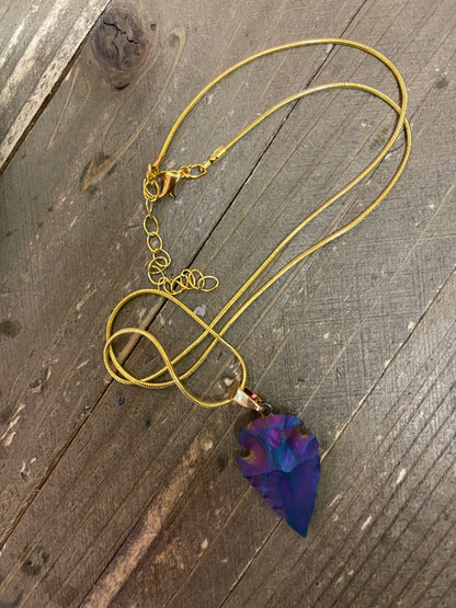 Iridescent Blue Dyed Agate Arrowhead Pendant on a Gold chain Necklace