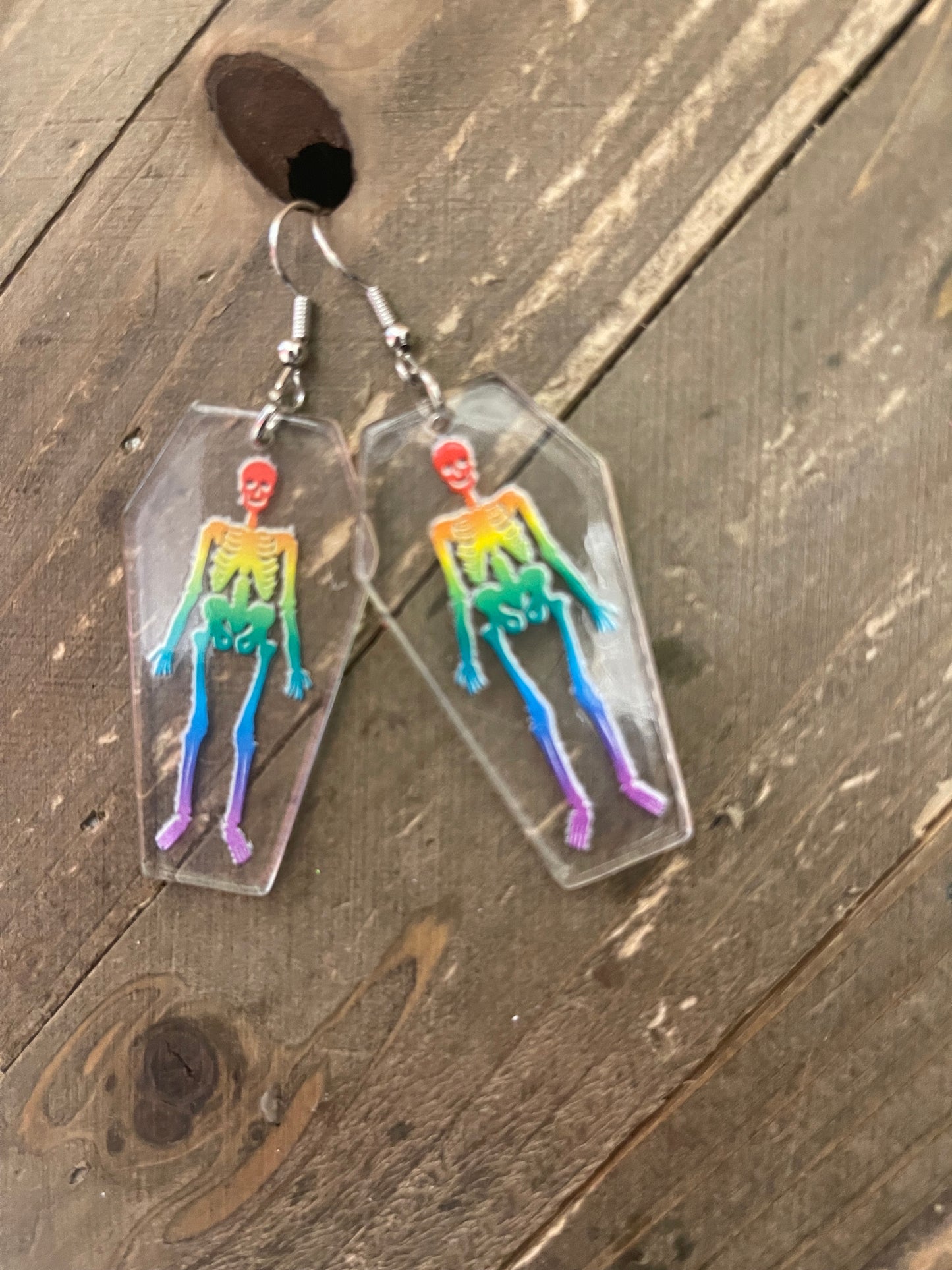Rainbow Skeleton in a Acrylic coffin charm wire earrings