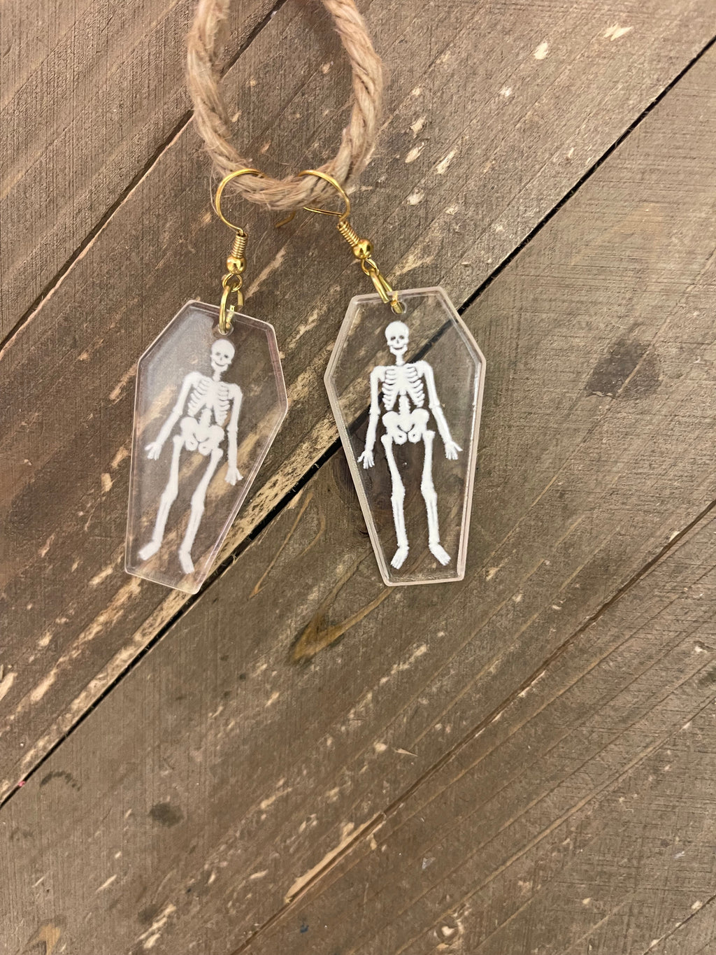 Skeleton in a Acrylic coffin charm wire earrings