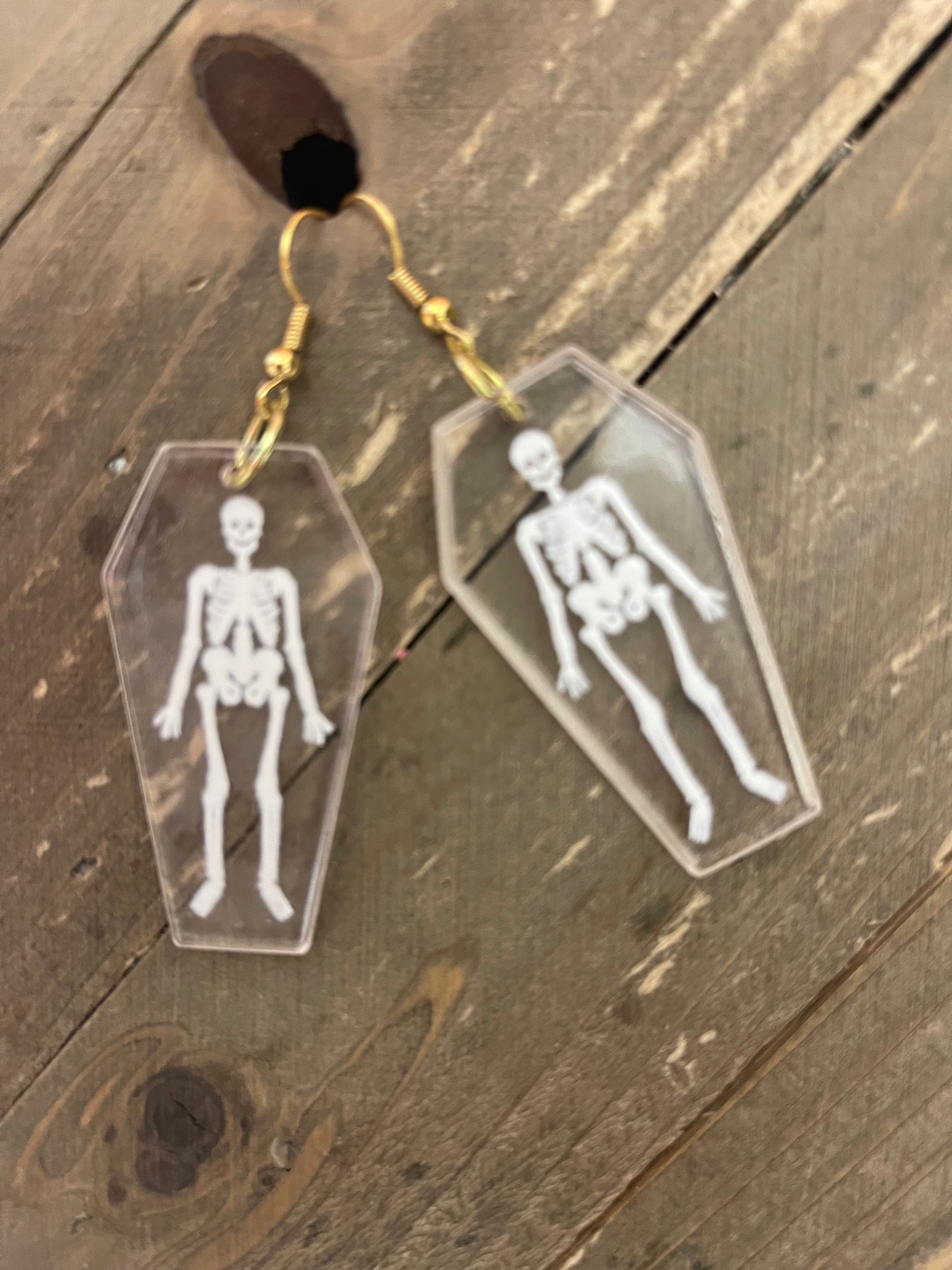 Skeleton in a Acrylic coffin charm wire earringsPink tiful of LOVE