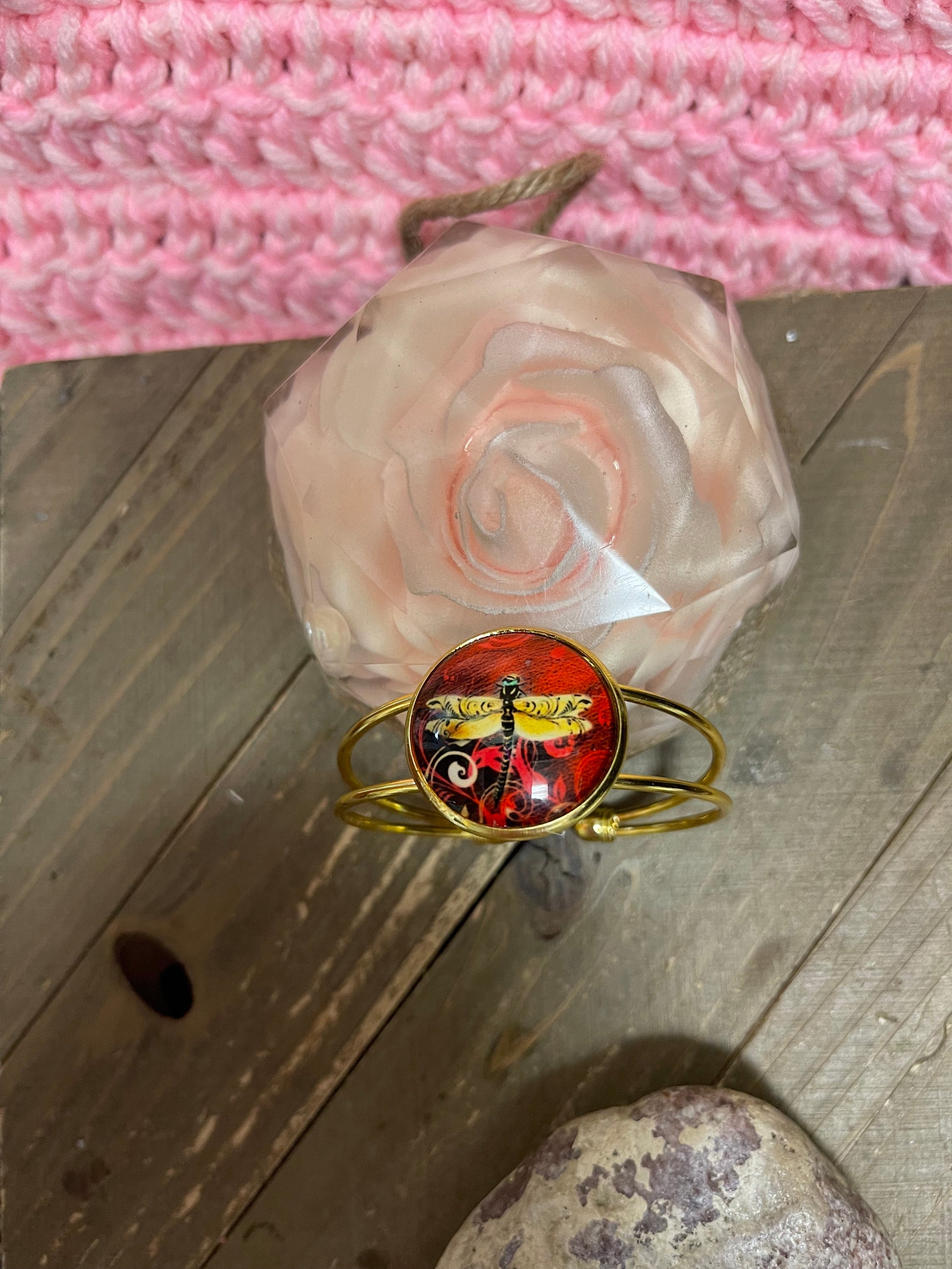 Dragonfly Bracelet; Gold Cuff bracelet; stunning dragonfly cabochonPink tiful of LOVE