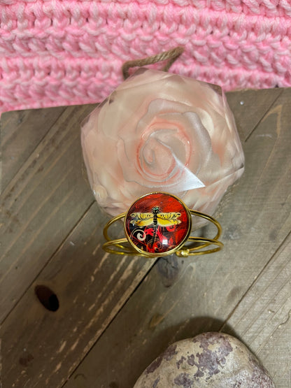 Dragonfly Bracelet; Gold Cuff bracelet; stunning dragonfly cabochonPink tiful of LOVE