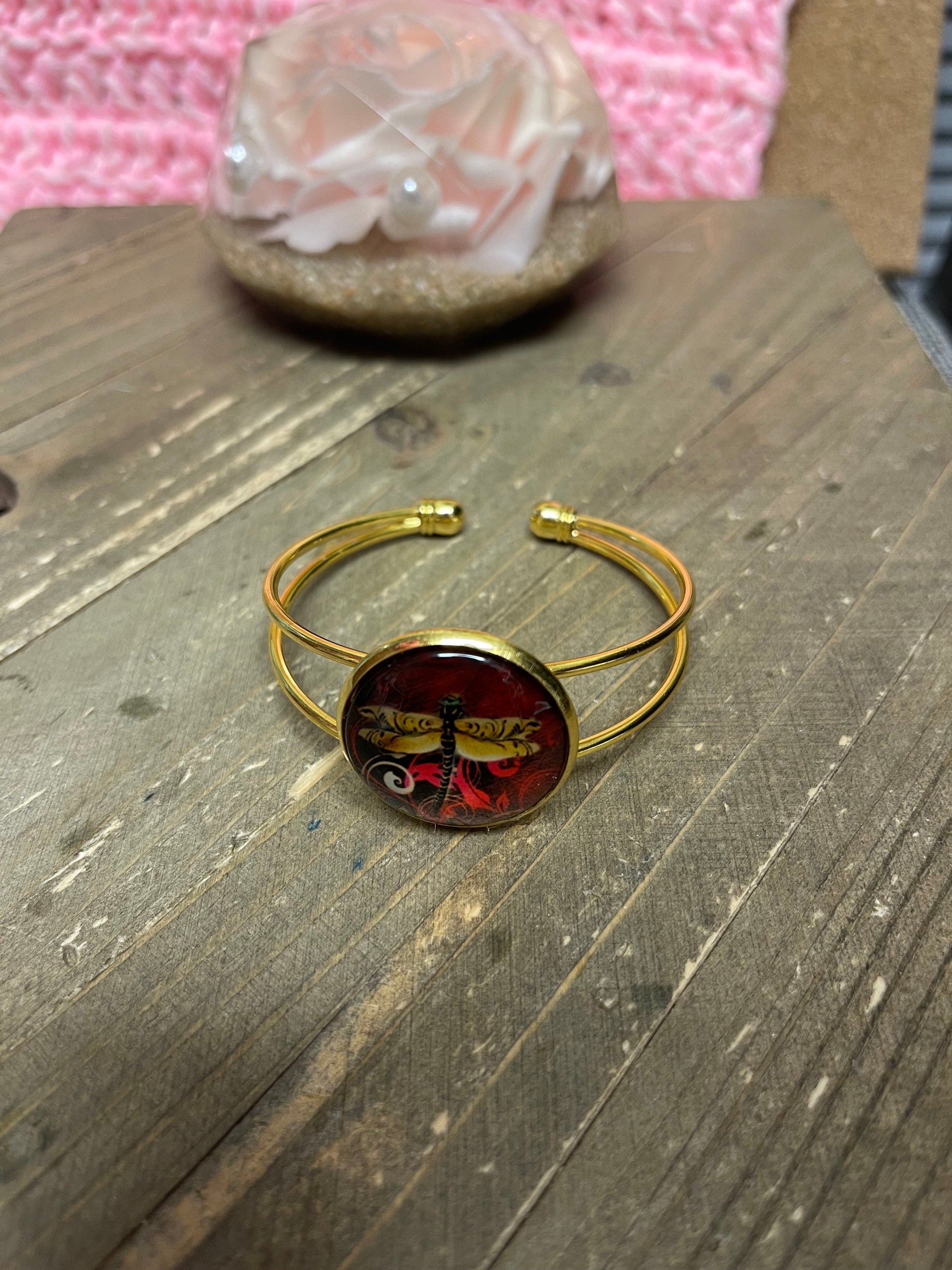 Dragonfly Bracelet; Gold Cuff bracelet; stunning dragonfly cabochonPink tiful of LOVE