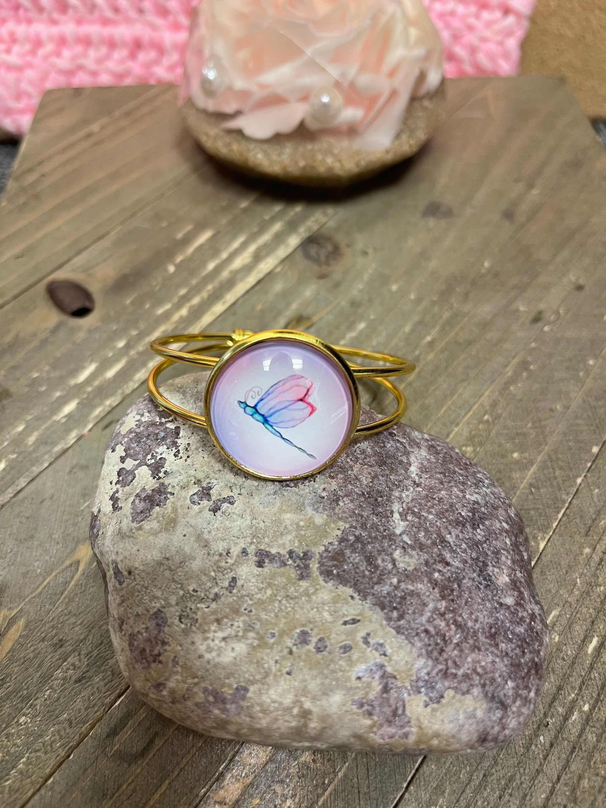 Dragonfly; touch of whimsy; Gold Cuff BraceletPink tiful of LOVE