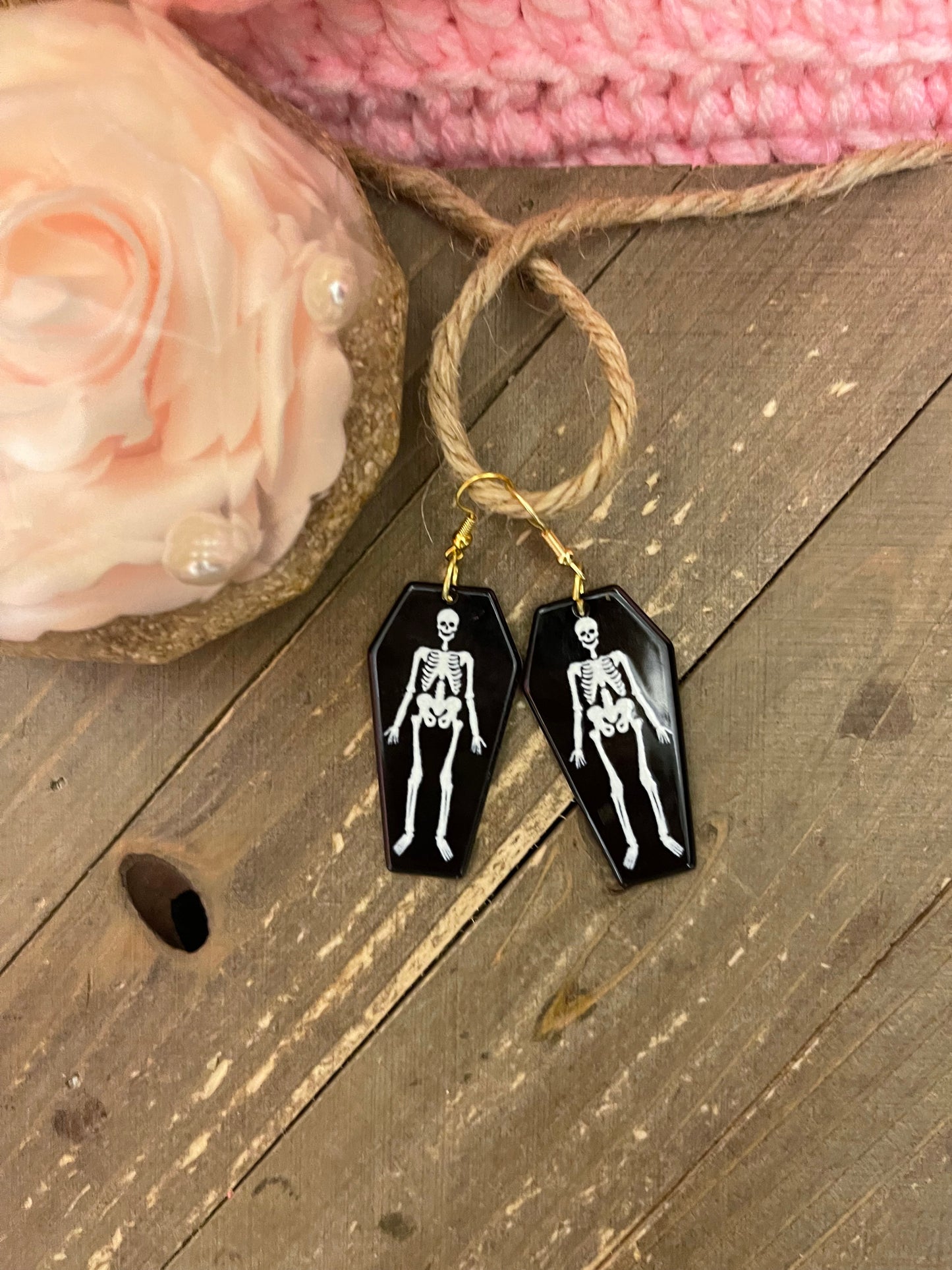 Skeleton in a Black Acrylic coffin charm wire earrings
