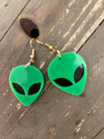Green & Black Alien Head charm wire earrings