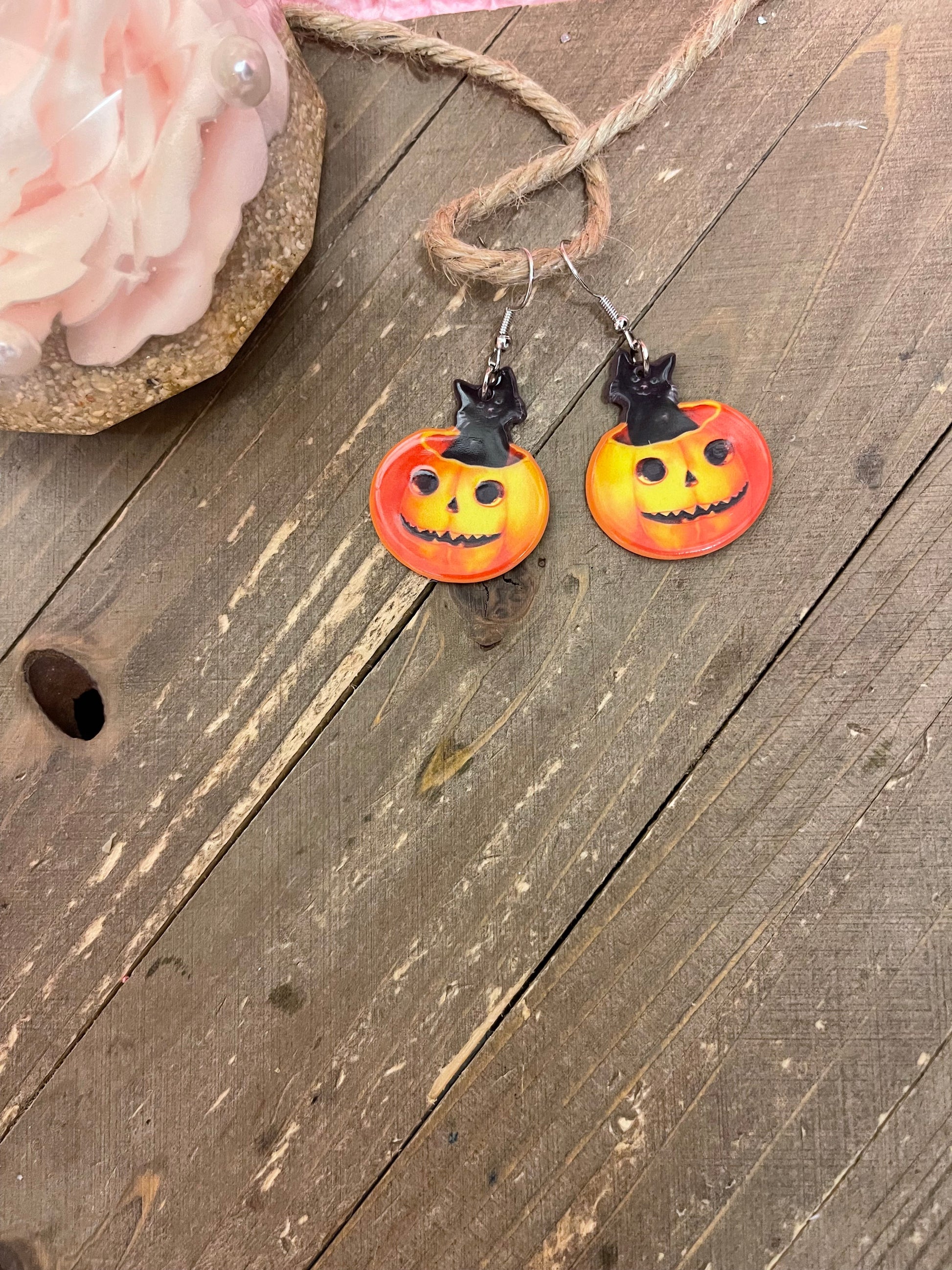 Pumpkin Black Cat Acrylic charm wire earringsPink tiful of LOVE