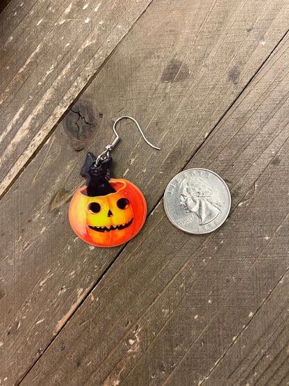 Pumpkin Black Cat Acrylic charm wire earrings