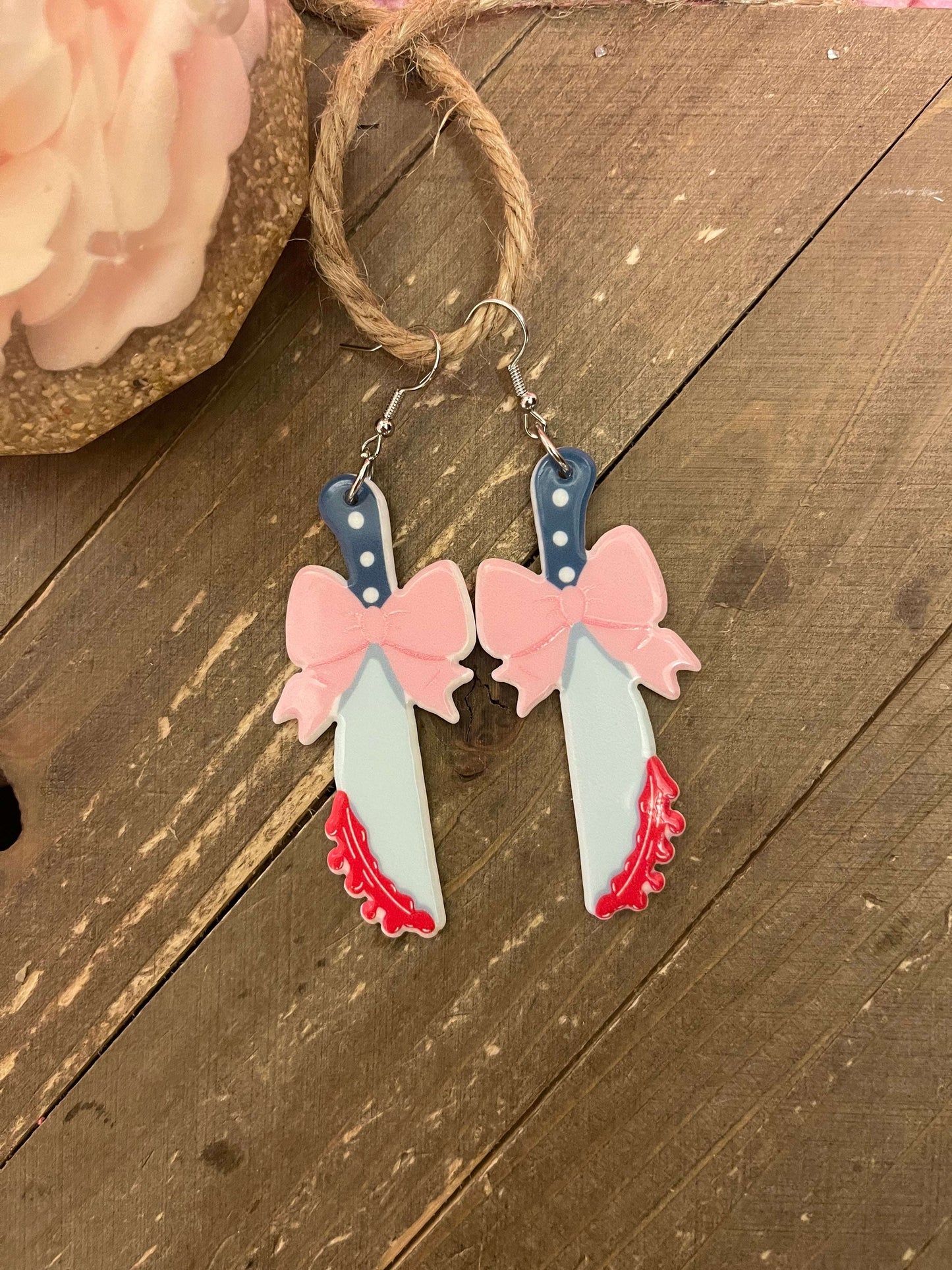 Acrylic Bloody Knife with Bow charm Wire earrings