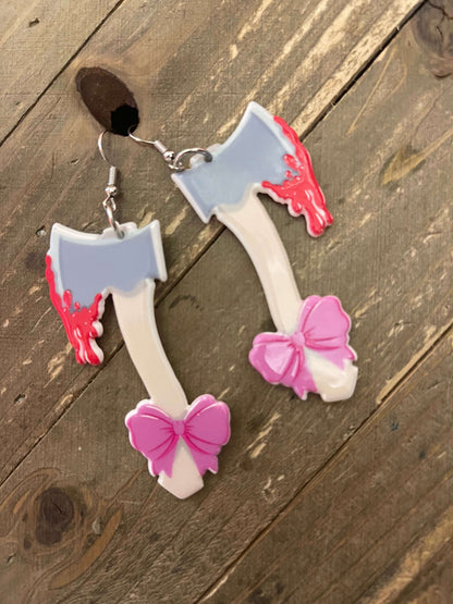 Acrylic Bloody Axe with Bow charm Wire earringsPink tiful of LOVE