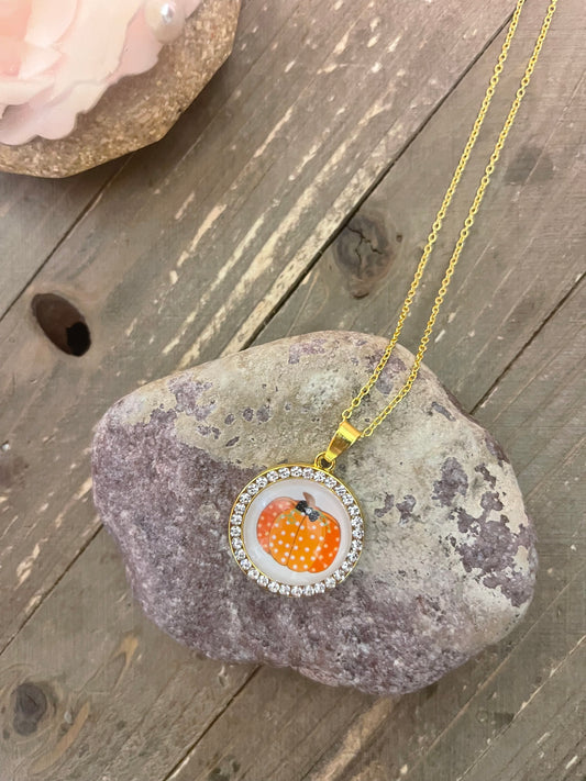 Polka dot  Pumpkin Cabochon Pendant on a Gold chain NecklacePink tiful of LOVE