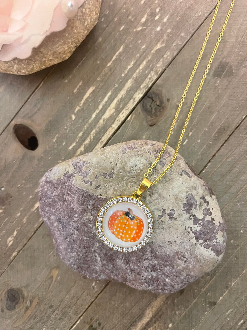 Polka dot  Pumpkin Cabochon Pendant on a Gold chain Necklace