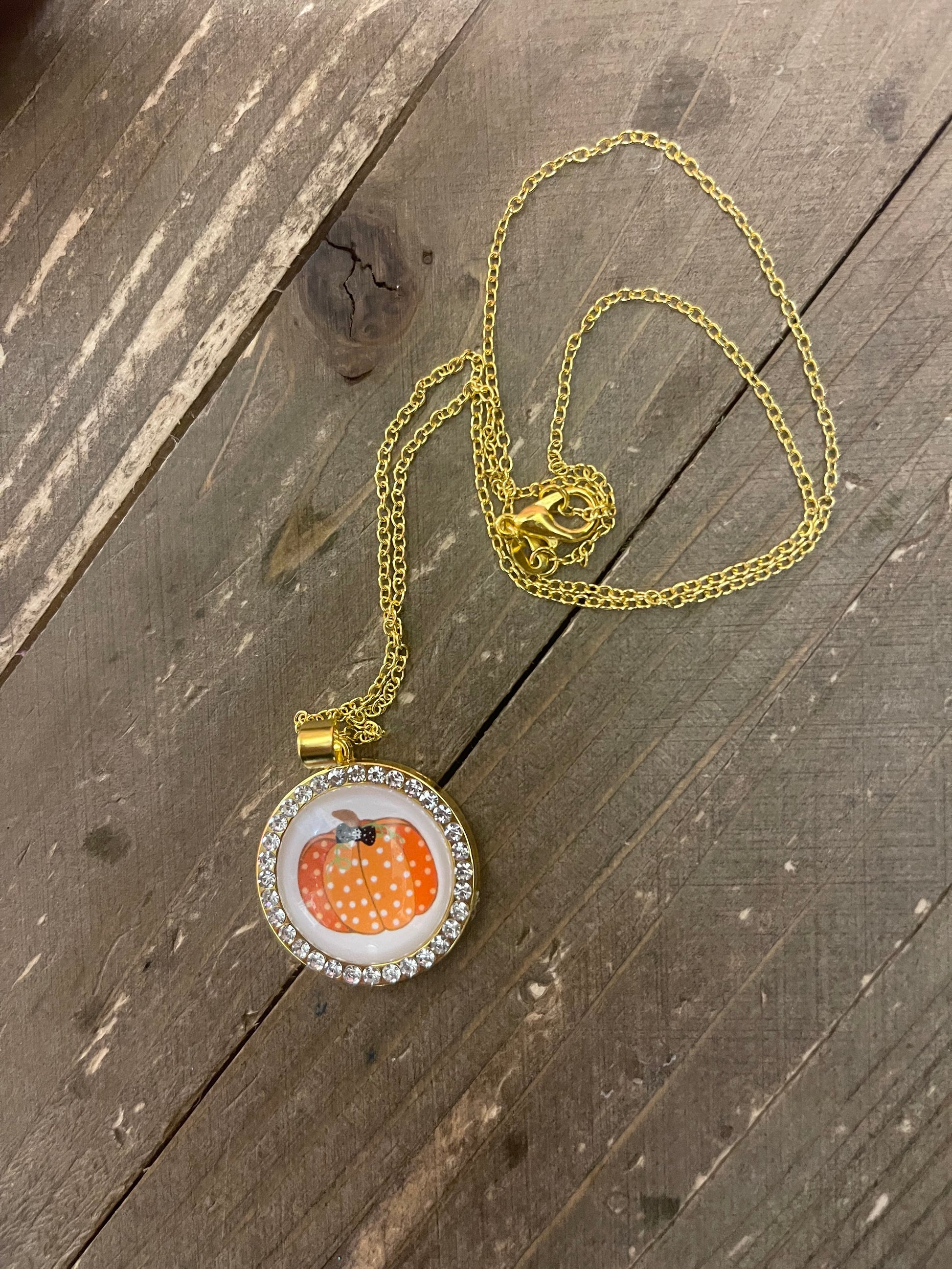 Polka dot  Pumpkin Cabochon Pendant on a Gold chain NecklacePink tiful of LOVE