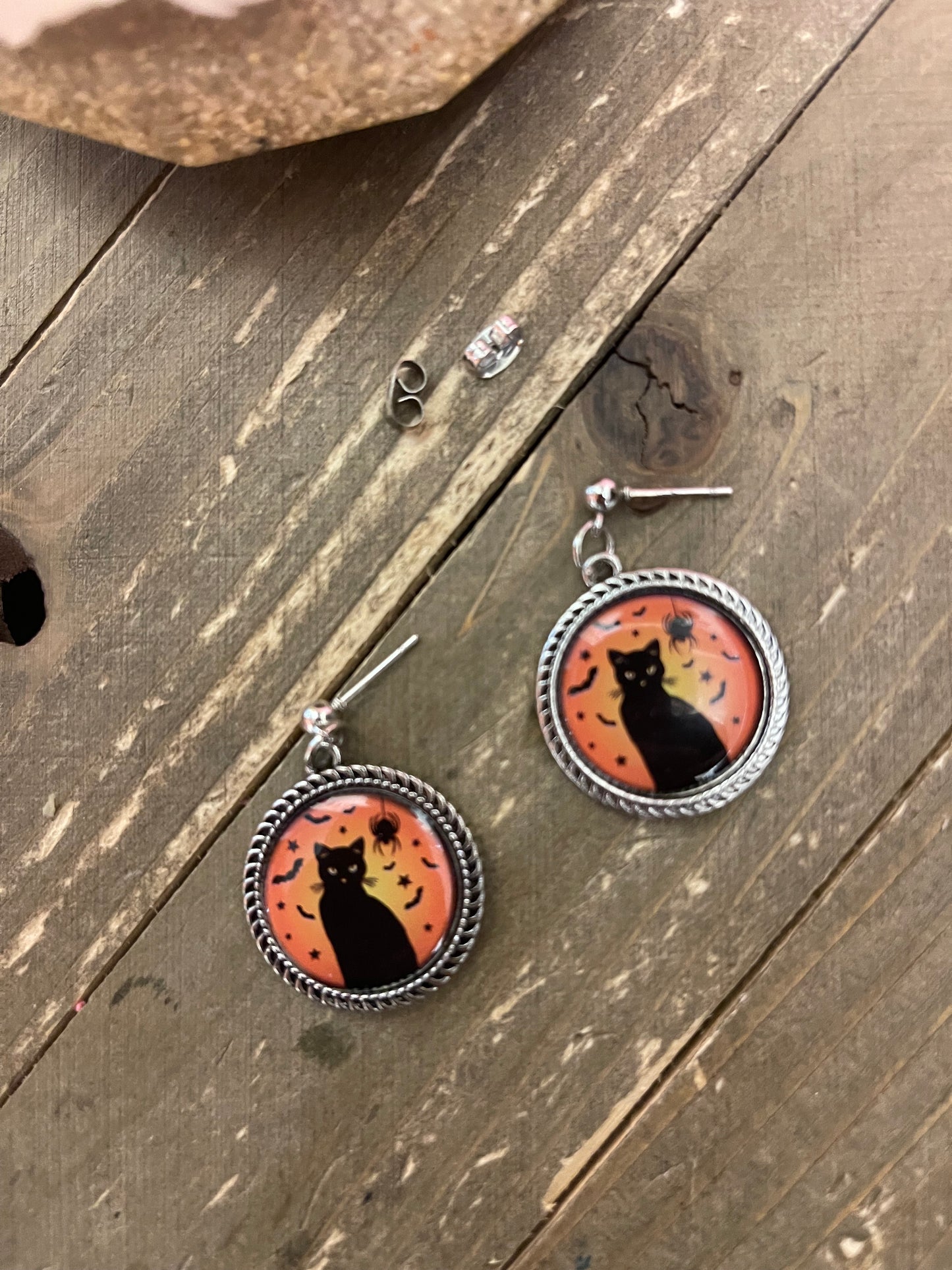 Black Cat Cabochon Charm on a ball Post earrings