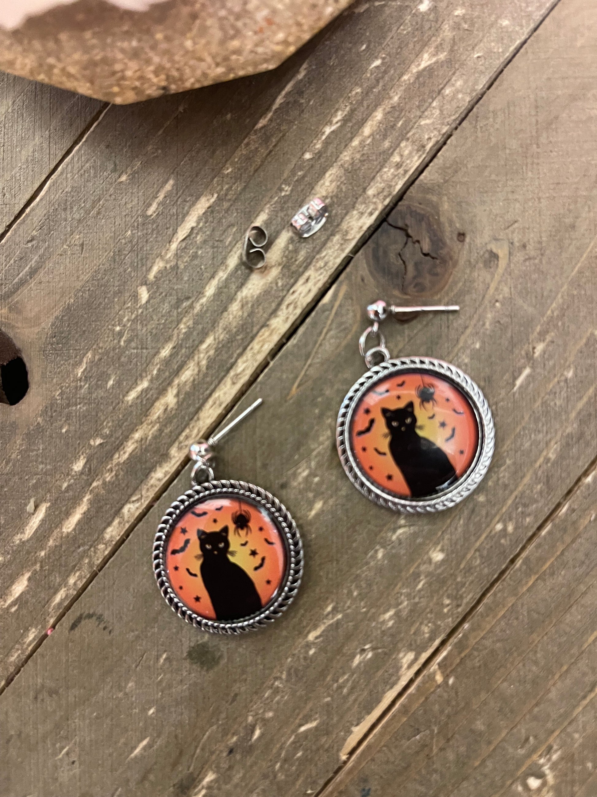 Black Cat Cabochon Charm on a ball Post earringsPink tiful of LOVE