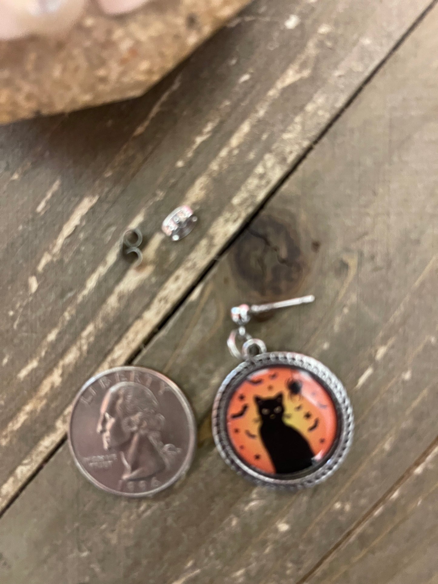 Black Cat Cabochon Charm on a ball Post earrings