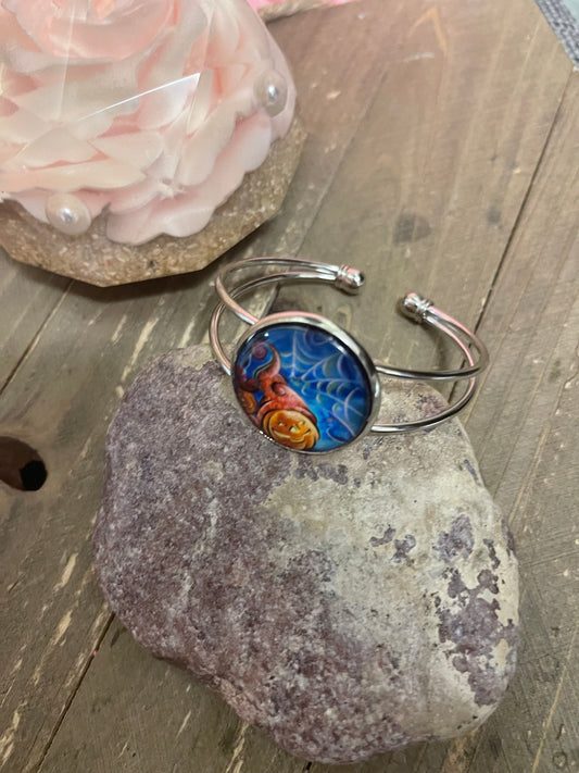 Halloween pumpkin in red hat on a Single Silver Bangle Cuff BraceletPink tiful of LOVE