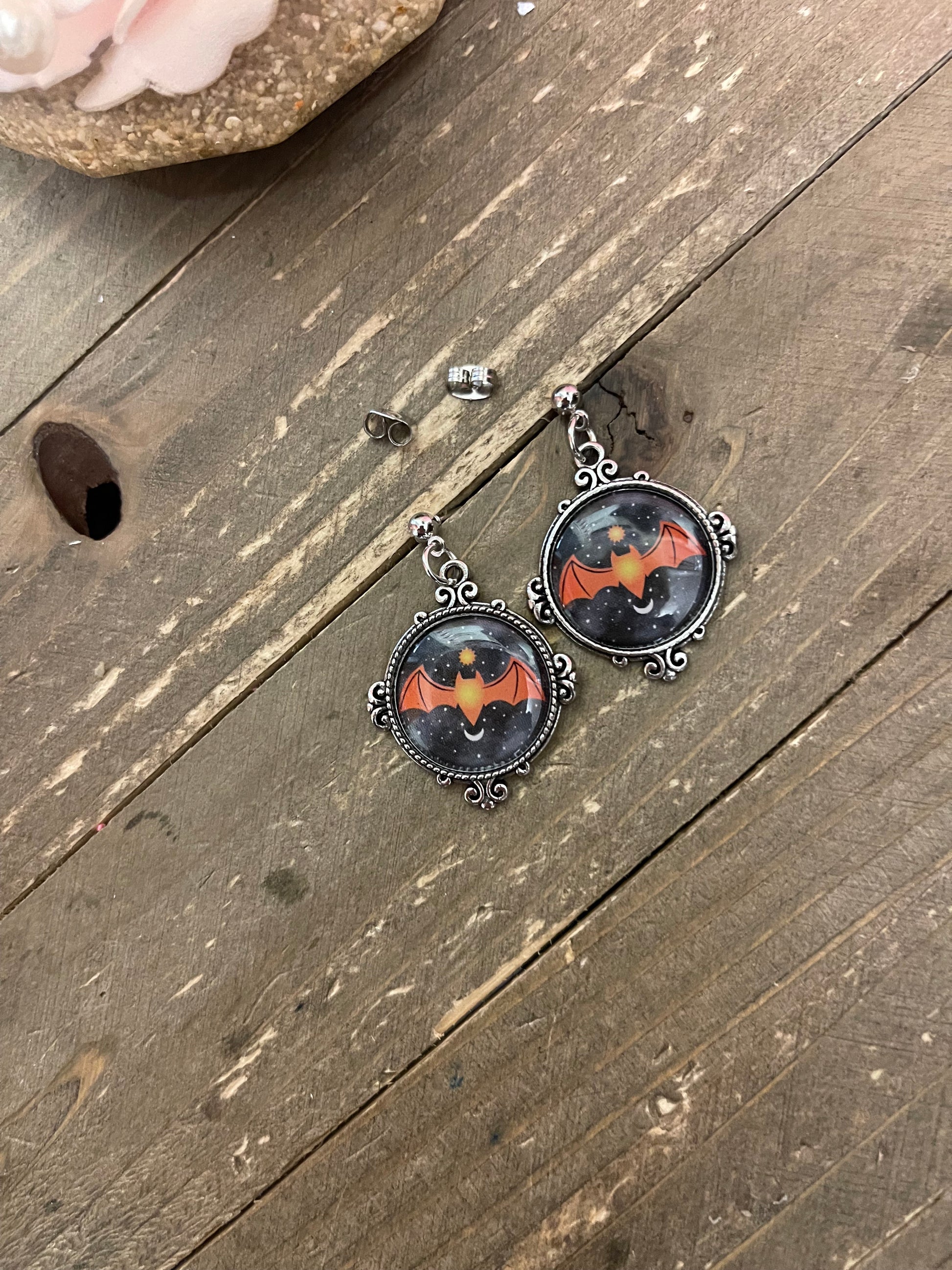 Halloween Bat Cabochon Charm on a ball Post earringsPink tiful of LOVE