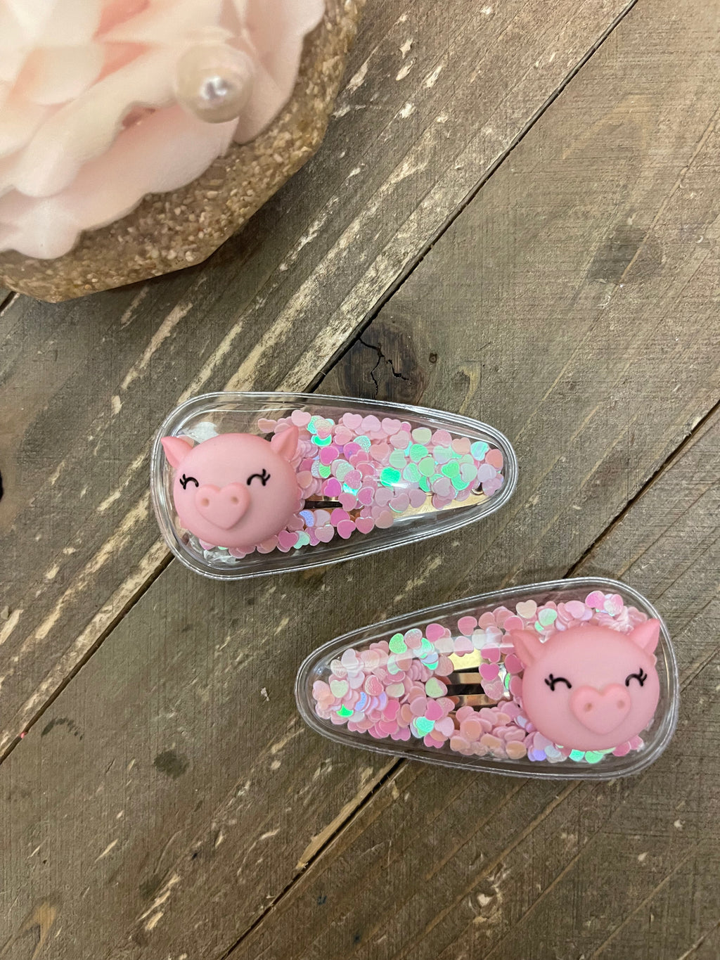 Pig-Confetti- Pink Hearts Snap Hair clips (a pair) (CEC)