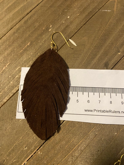 Brown leather leaf drop earrings