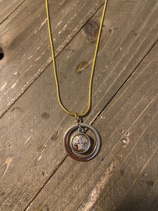 Silver and Gold Concentric Rings Pendant with a Cross Charm NecklacePink tiful of LOVE