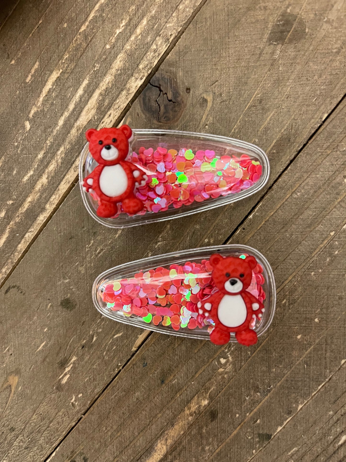 Red Bear-Confetti- dark Pink Hearts Snap Hair clips (a pair)