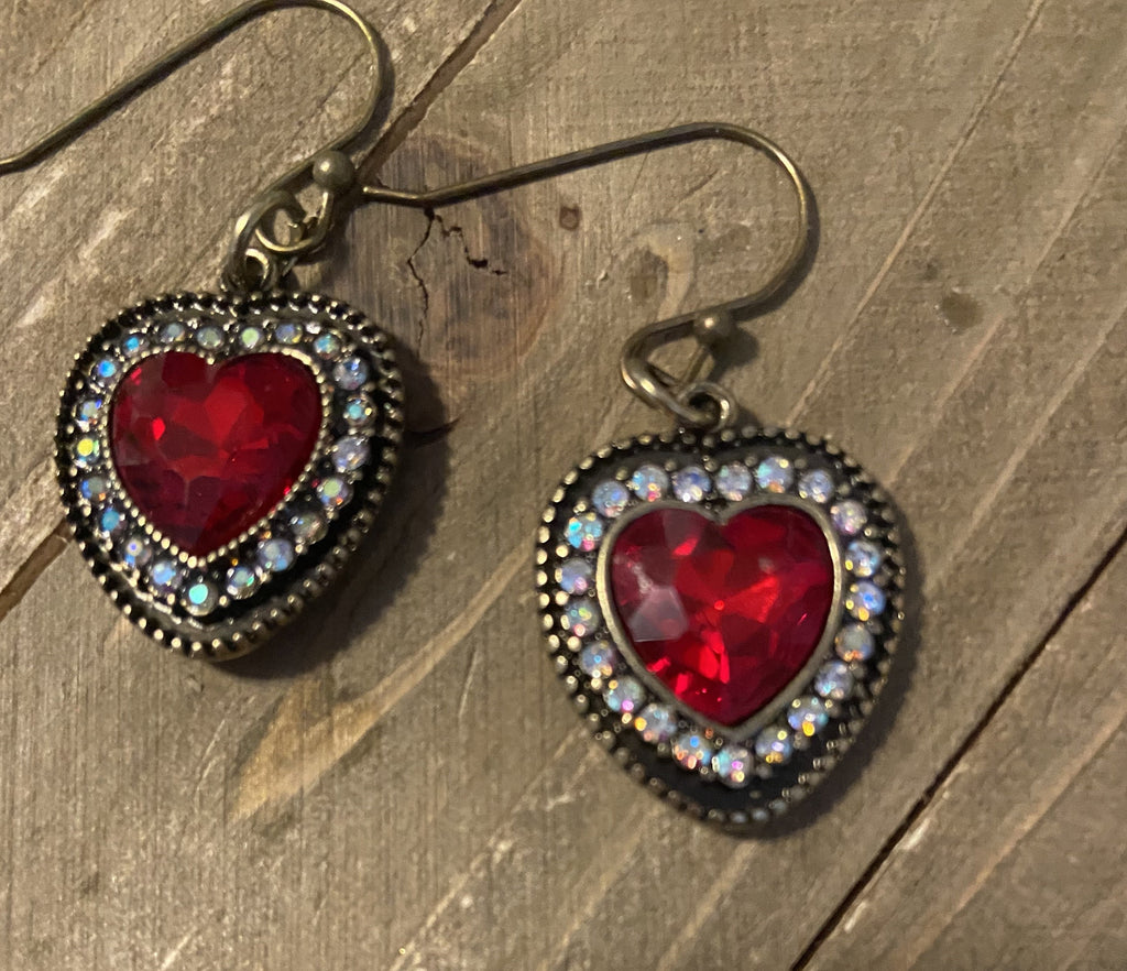 Red Heart Rhinestone dangling earrings