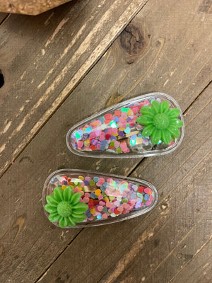 Green Flower-Confetti snap Hair clips (a pair)