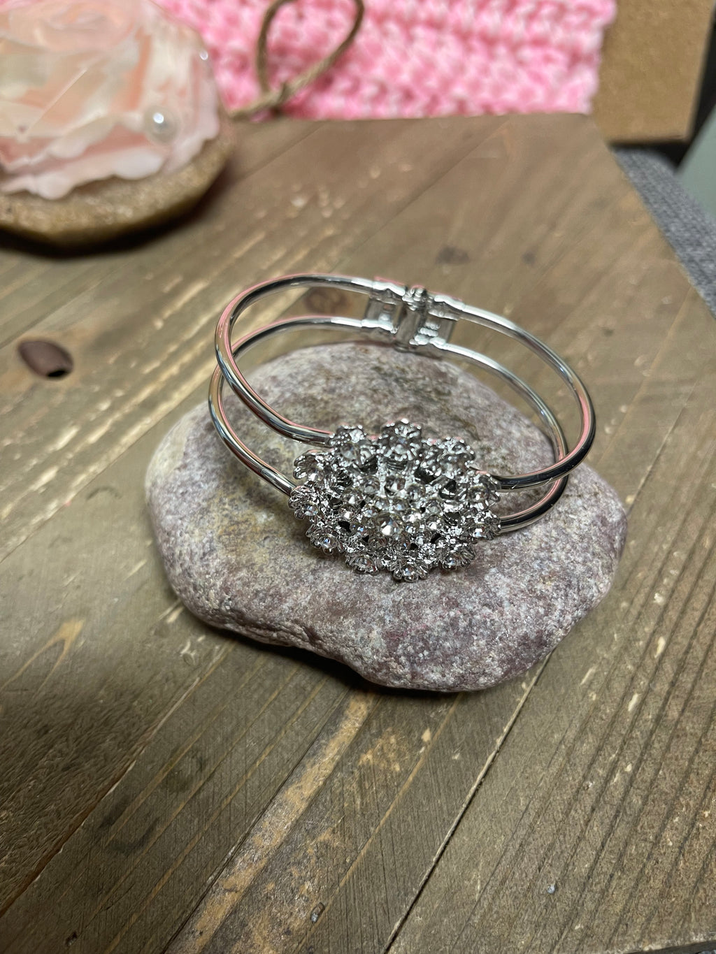 Silver Crystal Rhinestone flower Broach (BT211-56SFLOWERBT) on a Single Silver Bangle Cuff Bracelet