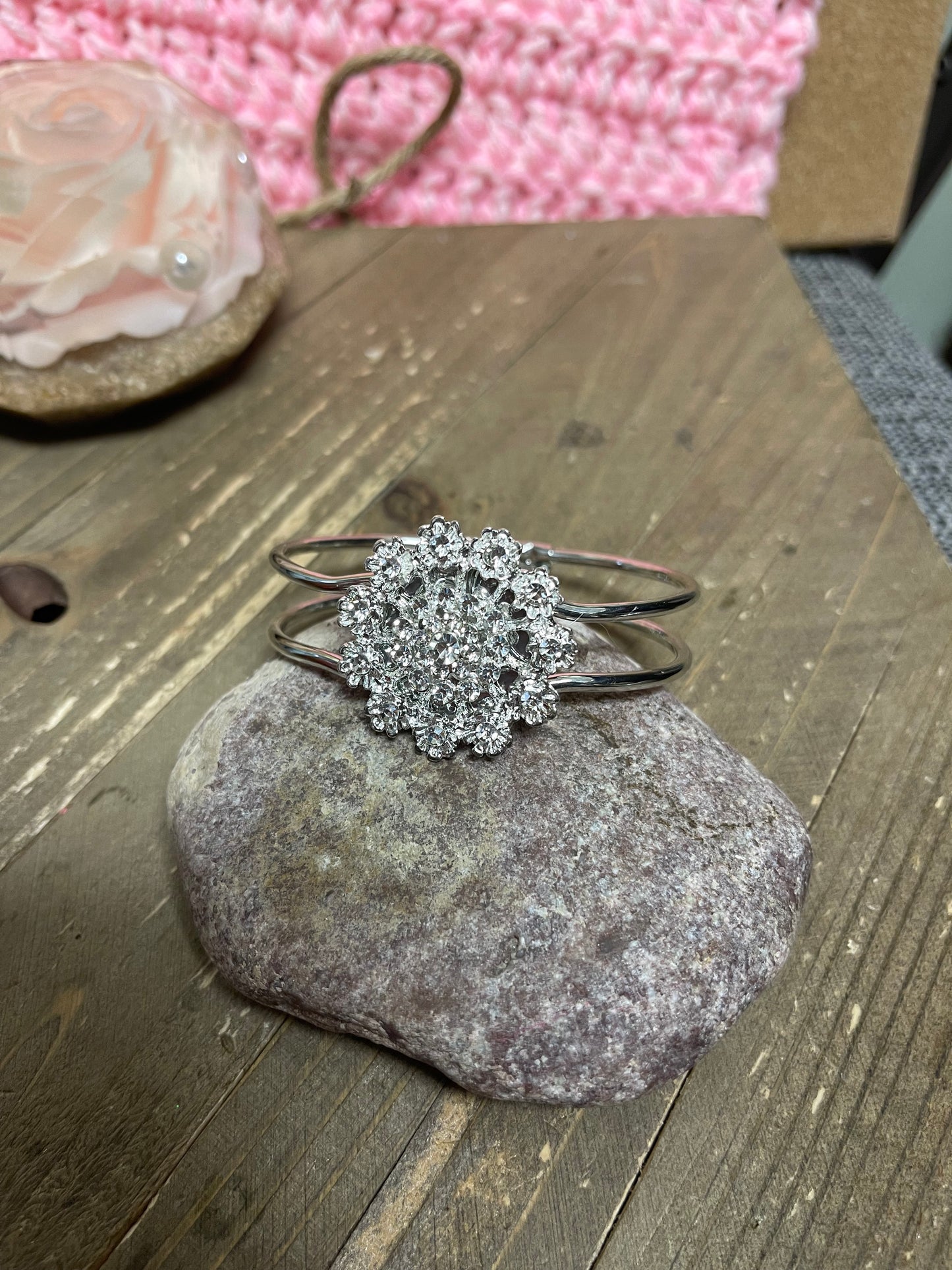Silver Crystal Rhinestone flower Broach (BT211-56SFLOWERBT) on a Single Silver Bangle Cuff BraceletPink tiful of LOVE