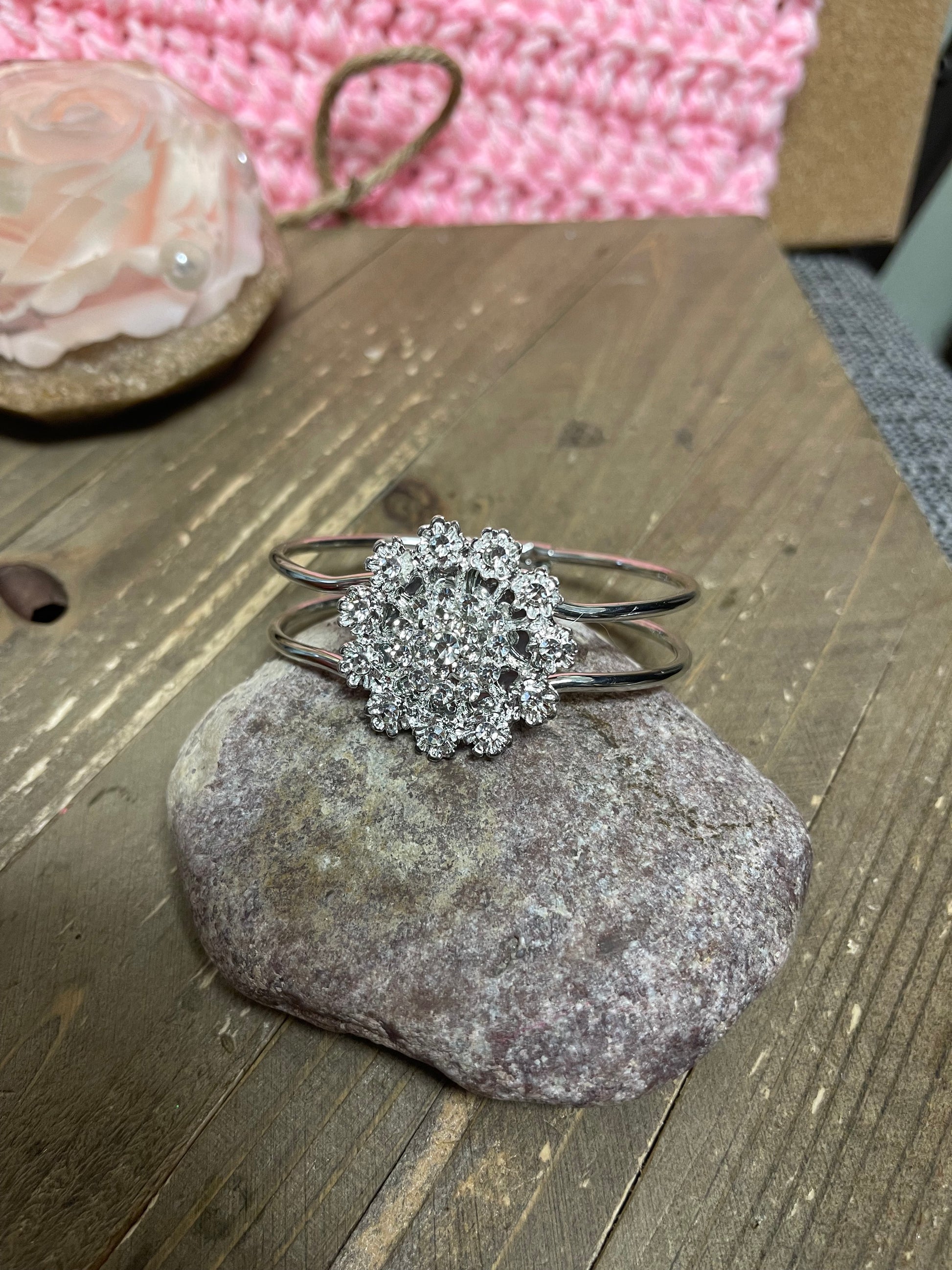 Silver Crystal Rhinestone flower Broach (BT211-56SFLOWERBT) on a Single Silver Bangle hinged BraceletPink tiful of LOVE