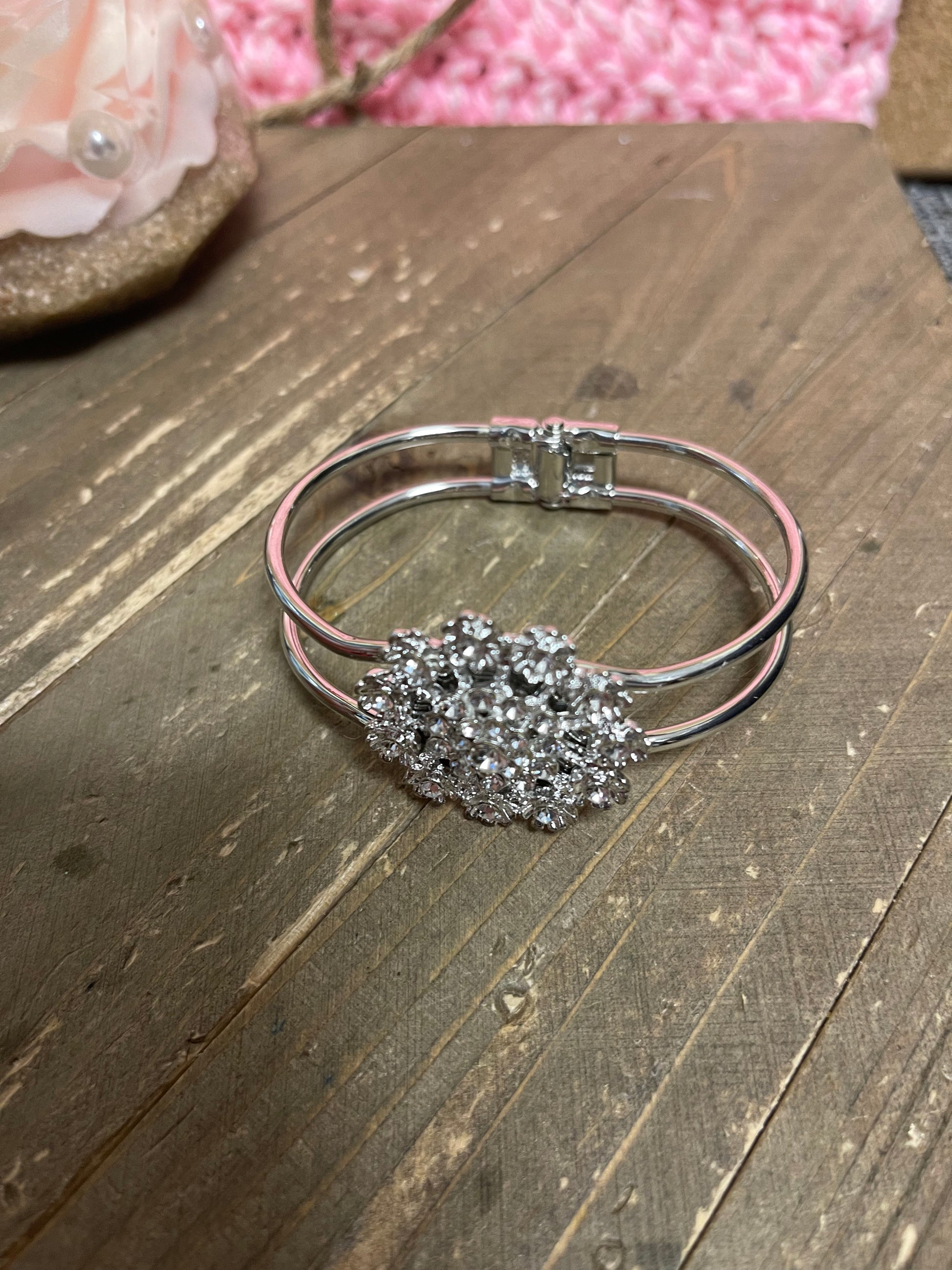 Silver Crystal Rhinestone flower Broach (BT211-56SFLOWERBT) on a Single Silver Bangle hinged BraceletPink tiful of LOVE